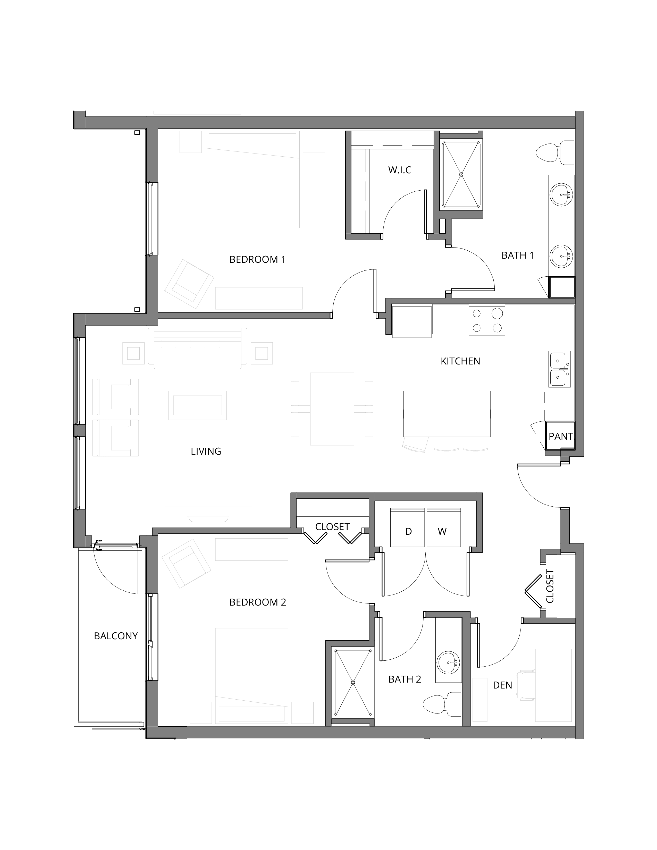 Kapowsin floor plan: two bedrooms with two full baths, a walk-in closet, separate den, kitchen with island and pantry, open living and dining area, and a balcony.