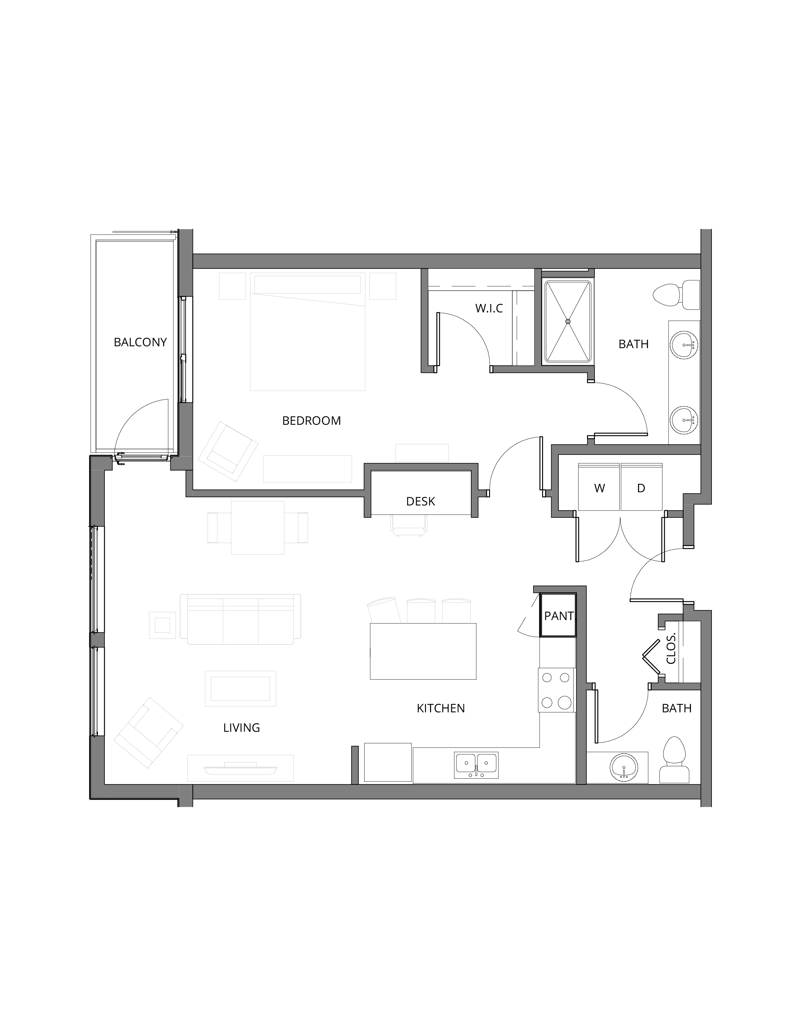 Palmer floor plan: one bedroom with walk-in closet and full bath, a desk nook, powder bath, kitchen with island, open living and dining area, and a balcony.