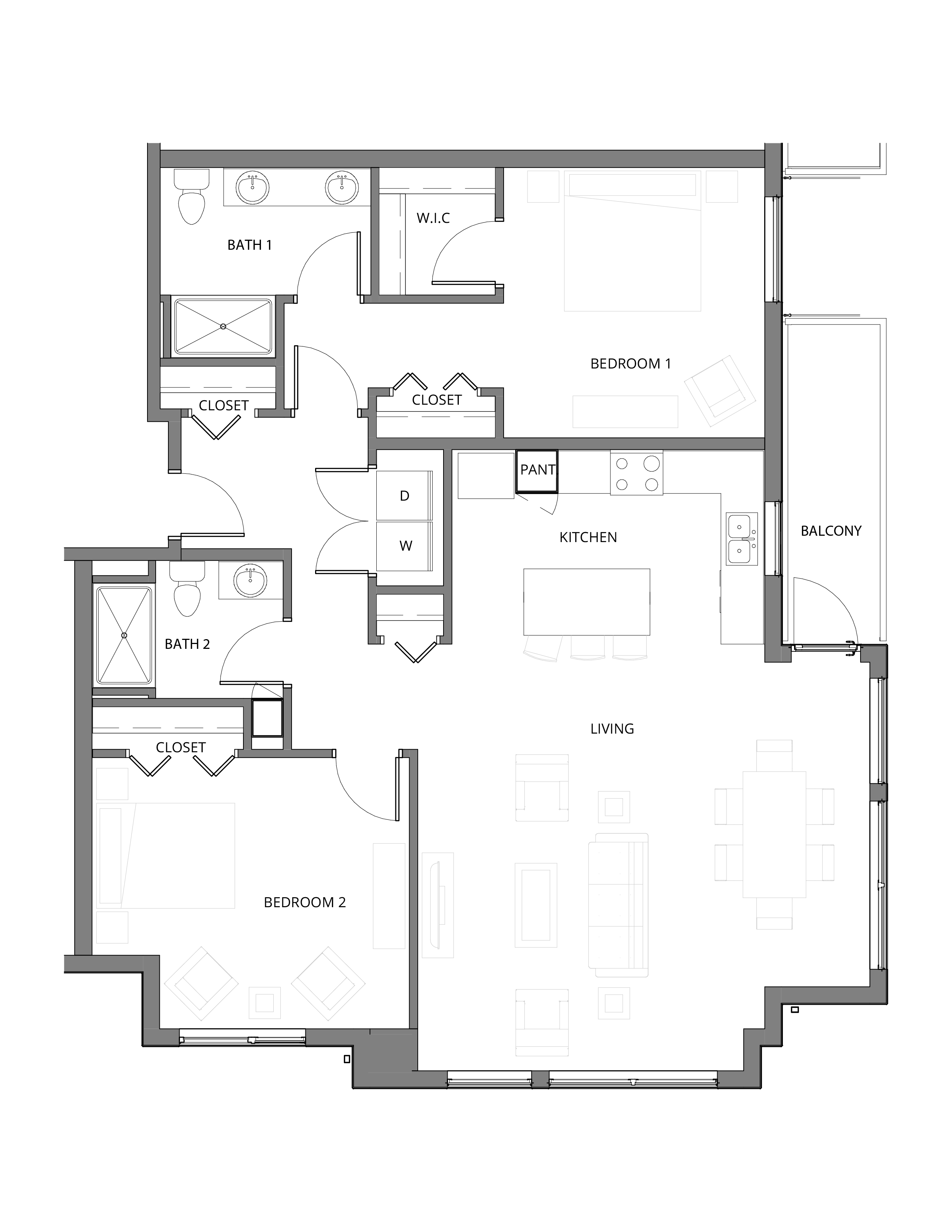 Quinault floor plan: two bedrooms on opposite sides of the living space, each with a full bath, walk-in closet, kitchen with island and pantry, and a balcony.